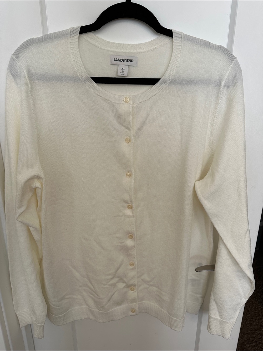 Lands' End Cream Crewneck Button Cardigan